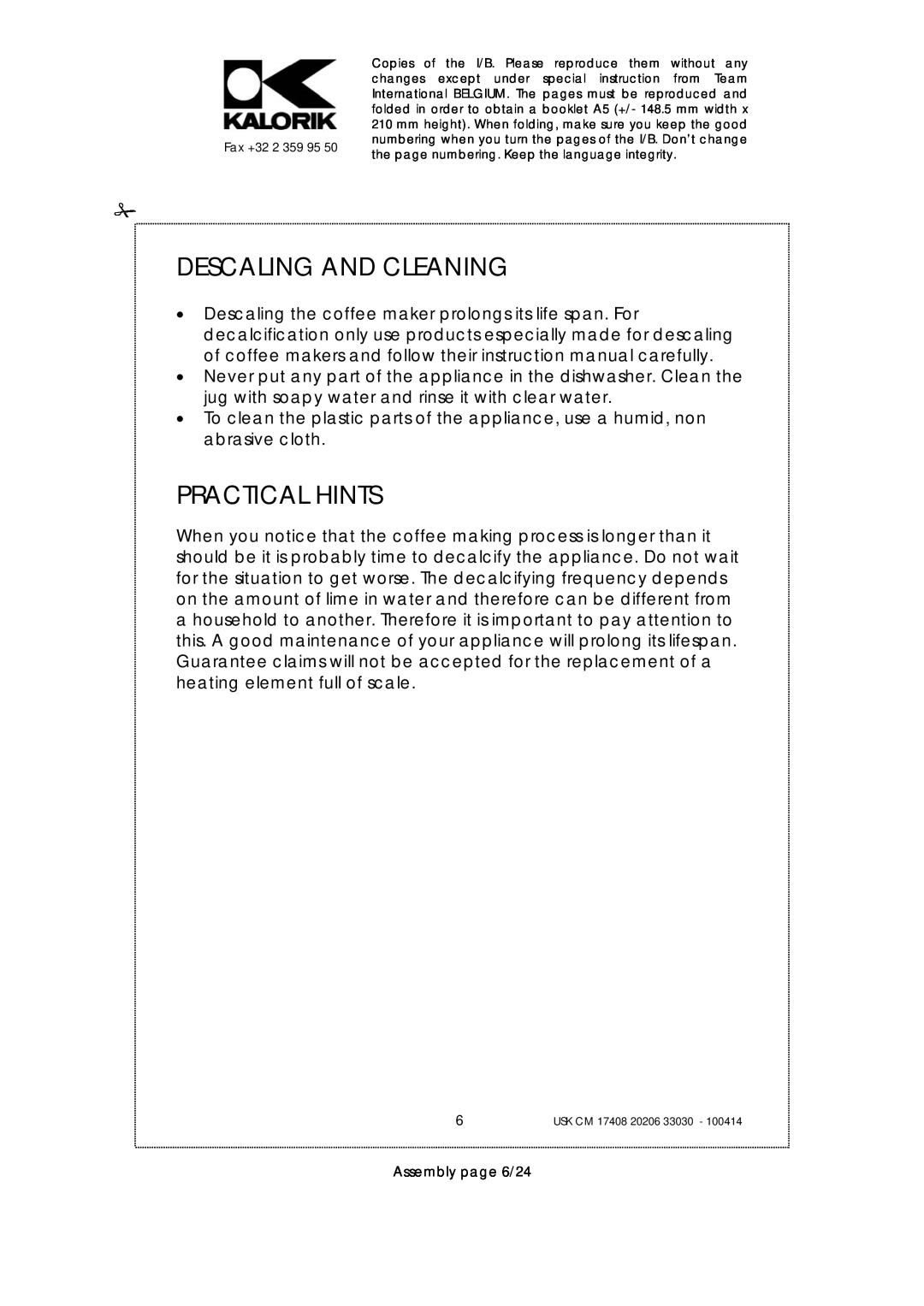 Kalorik USK CM 33030, USK CM 17408, USK CM 20206 manual Descaling And Cleaning, Practical Hints, Assembly page 6/24 