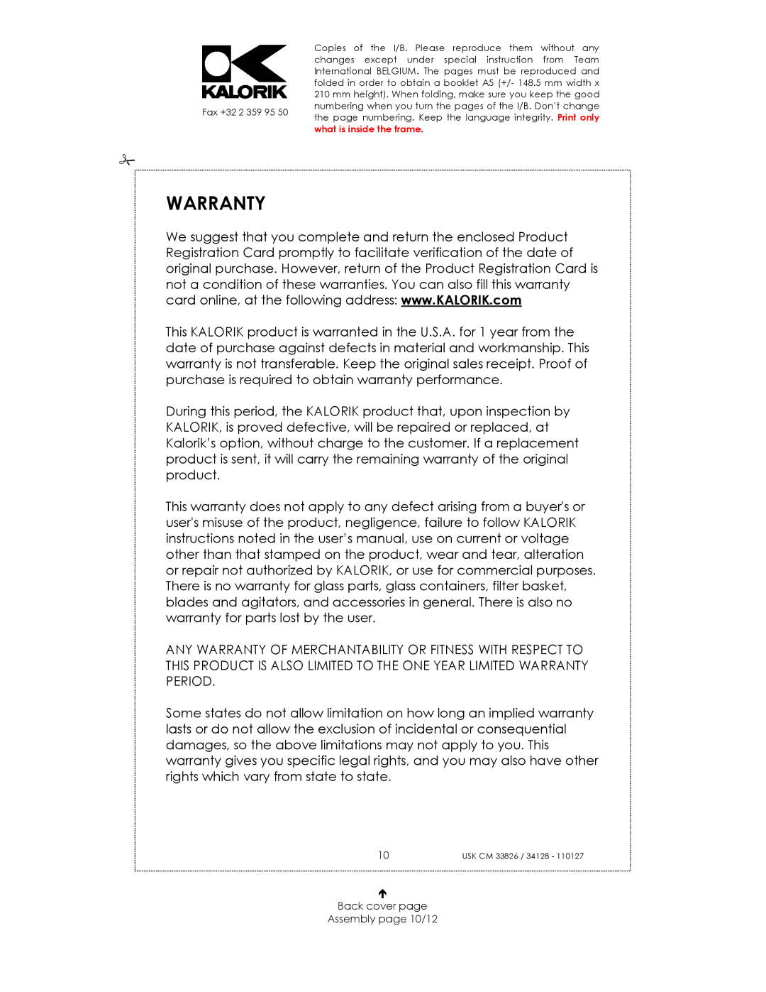 Kalorik USK CM 34128, USK CM 23826 manual Warranty, Back cover Assembly page 10/12 