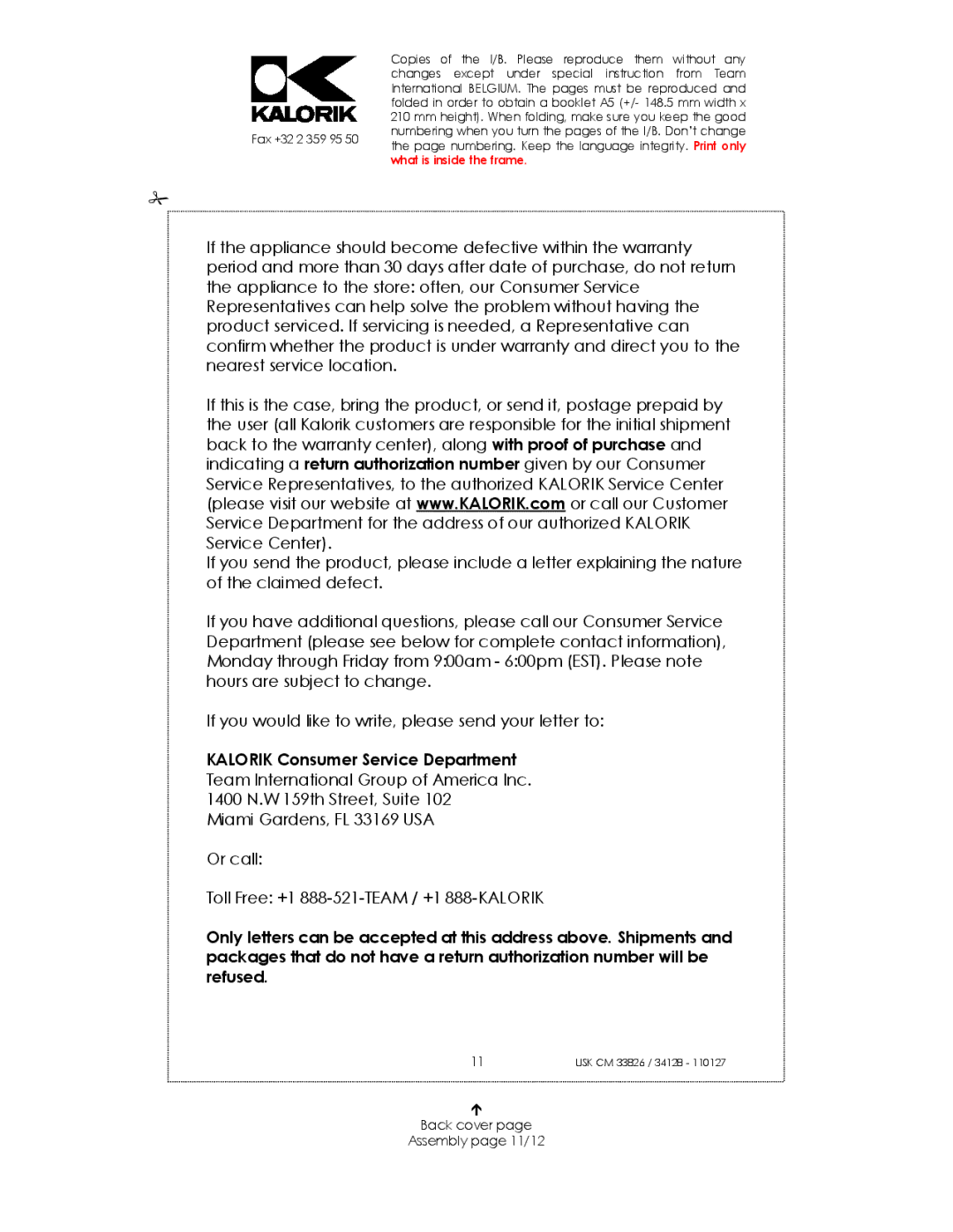 Kalorik USK CM 23826, USK CM 34128 manual Kalorik Consumer Service Department, Back cover Assembly page 11/12 