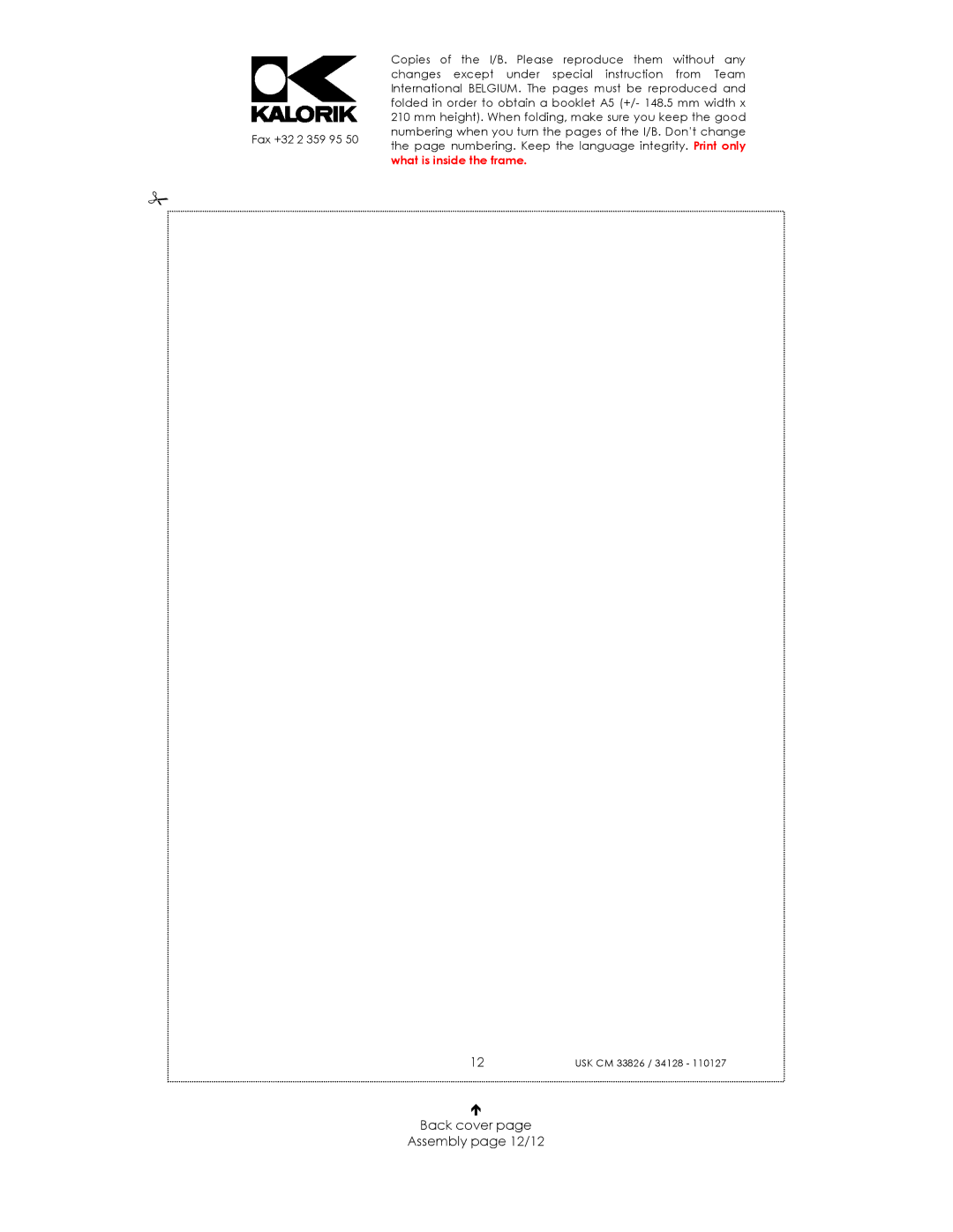 Kalorik USK CM 34128, USK CM 23826 manual Back cover Assembly page 12/12 