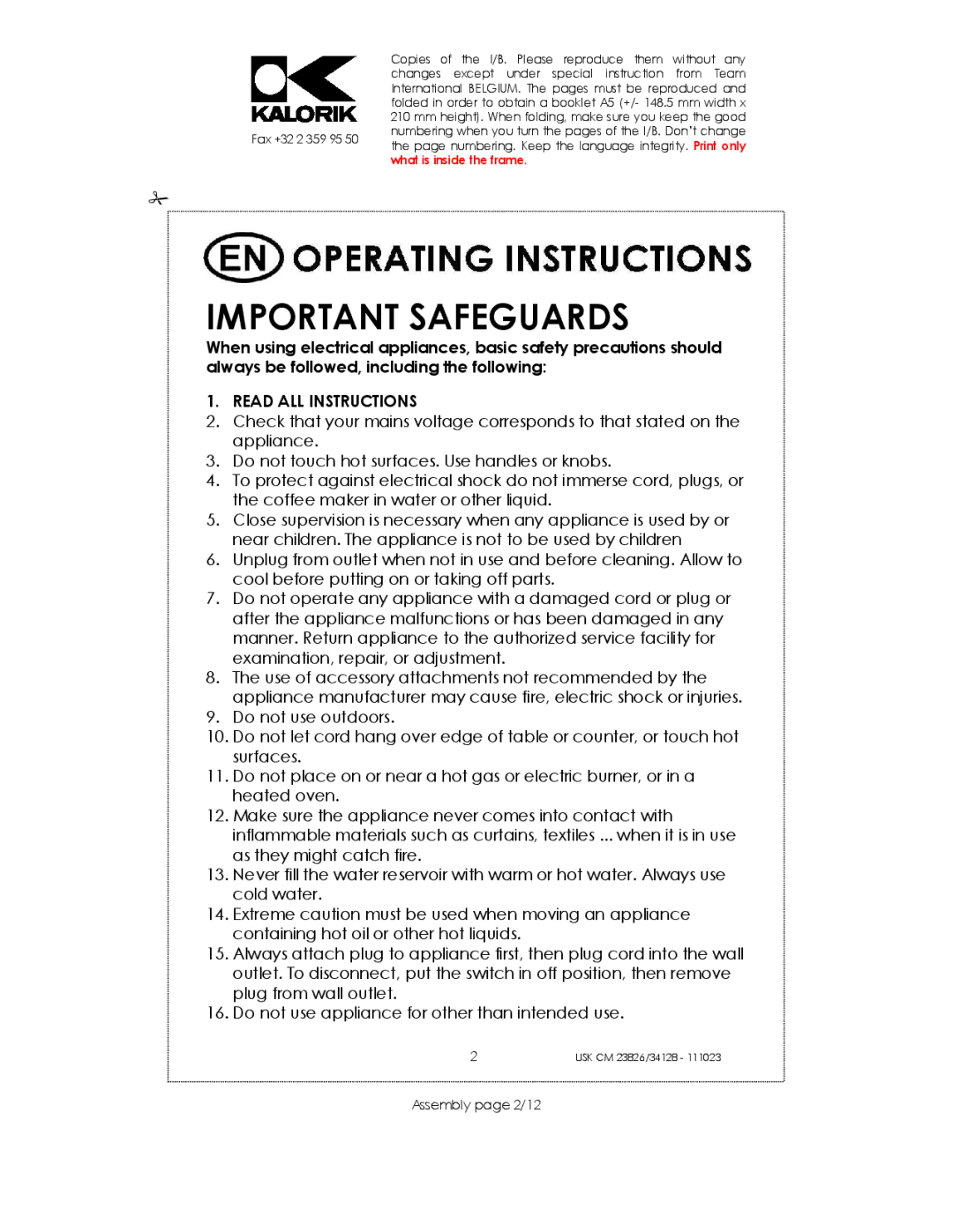 Kalorik USK CM 34128, USK CM 23826 manual Important Safeguards, Assembly page 2/12 