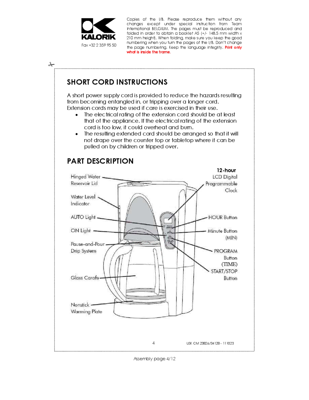 Kalorik USK CM 34128, USK CM 23826 manual Short Cord Instructions, Part Description, Hour, Assembly page 4/12 