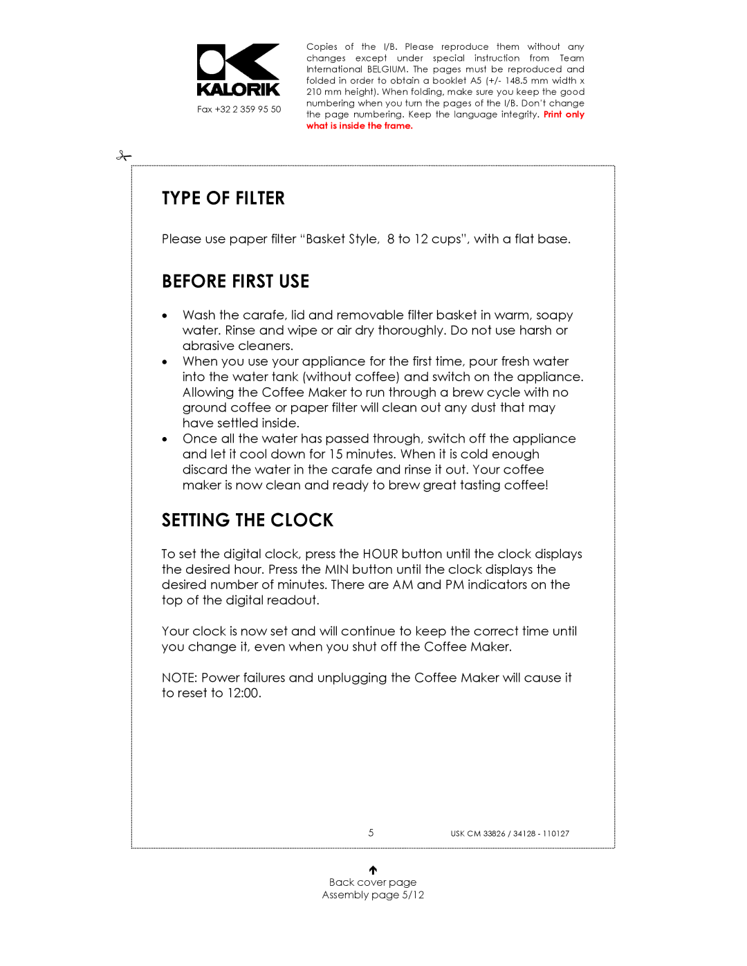 Kalorik USK CM 23826, USK CM 34128 manual Type of Filter, Before First USE, Setting the Clock, Back cover Assembly page 5/12 