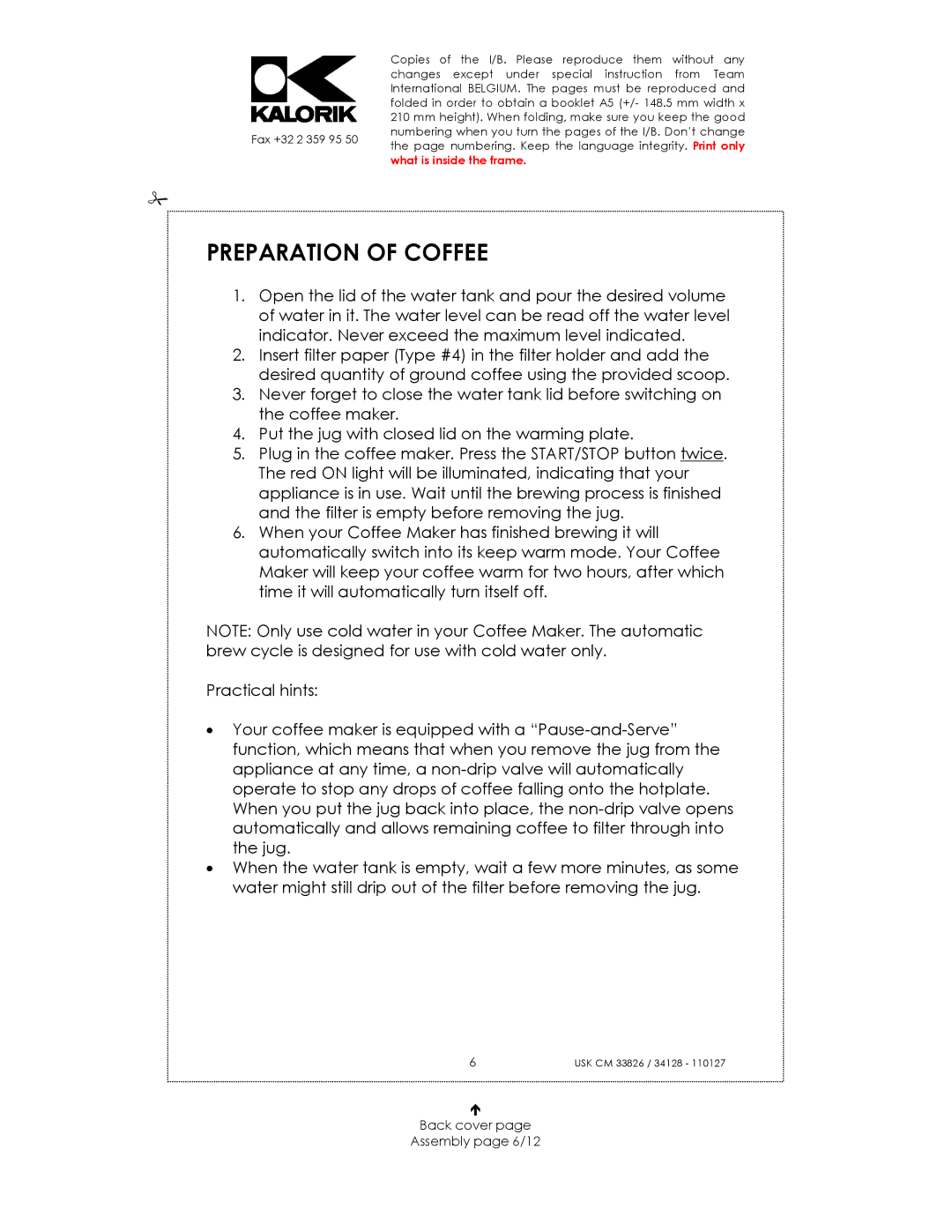 Kalorik USK CM 34128, USK CM 23826 manual Preparation of Coffee, Back cover Assembly page 6/12 