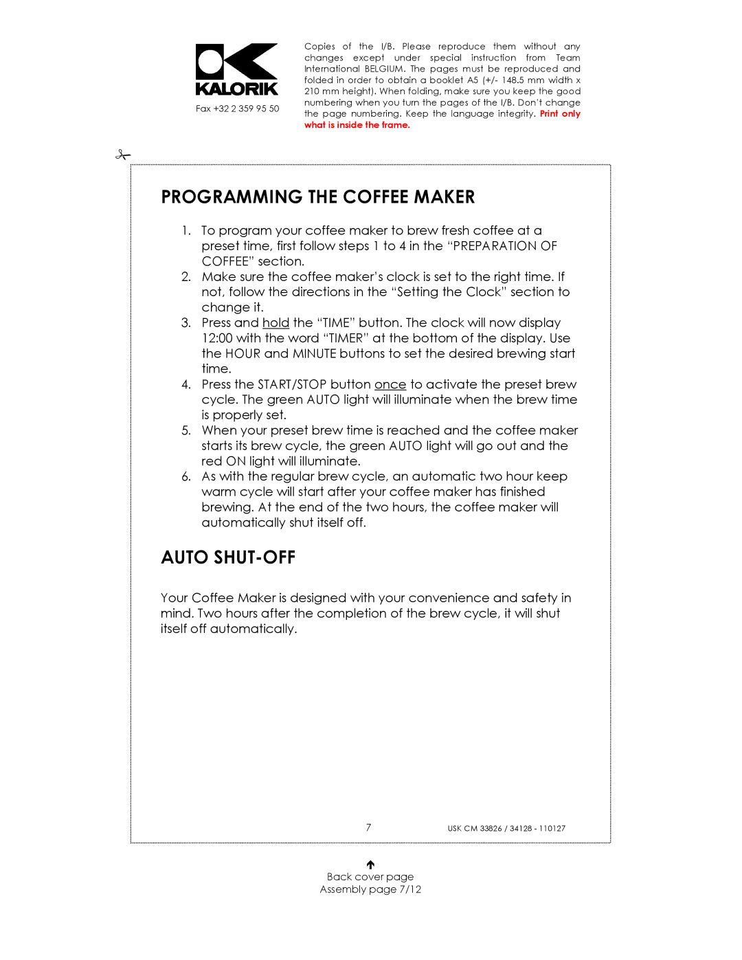 Kalorik USK CM 23826, USK CM 34128 manual Programming the Coffee Maker, Auto SHUT-OFF, Back cover Assembly page 7/12 