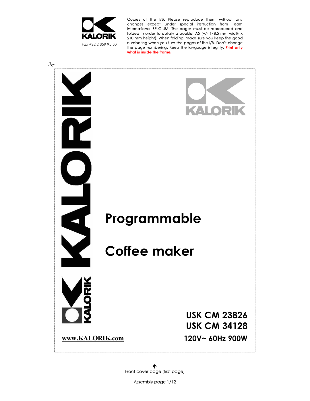Kalorik USK CM 23826, USK CM 34128 manual 120V~ 60Hz 900W, Programmable Coffee maker, Usk Cm Usk Cm 