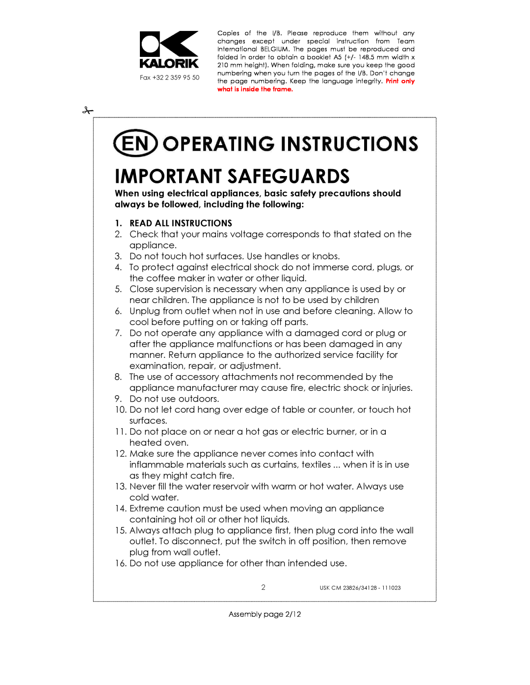 Kalorik USK CM 34128, USK CM 23826 manual Important Safeguards, Read All Instructions 