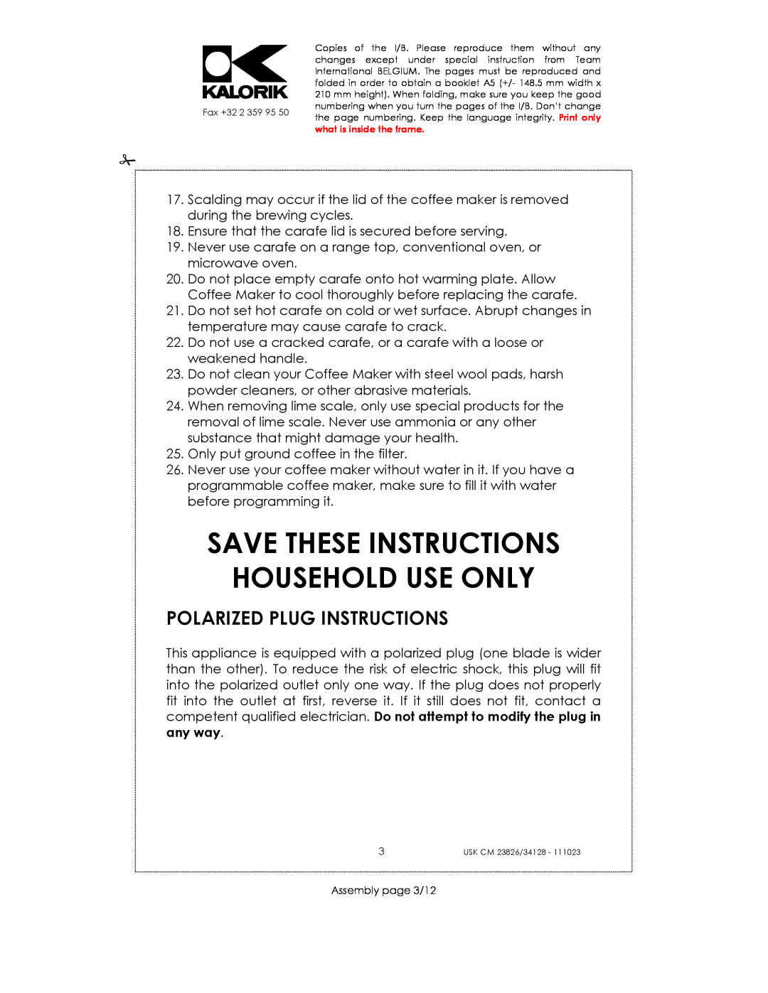 Kalorik USK CM 23826, USK CM 34128 manual Save These Instructions Household Use Only, Polarized Plug Instructions 