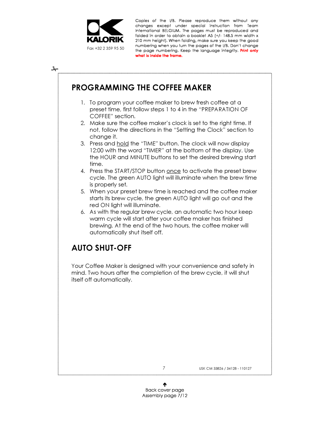 Kalorik USK CM 23826, USK CM 34128 manual Programming The Coffee Maker, Auto Shut-Off, Back cover page Assembly page 7/12 