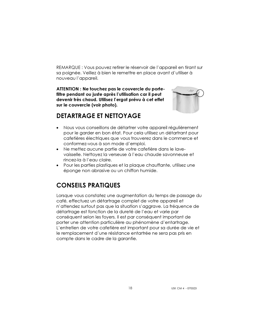 Kalorik USK CM 4 manual Detartrage ET Nettoyage, Conseils Pratiques 