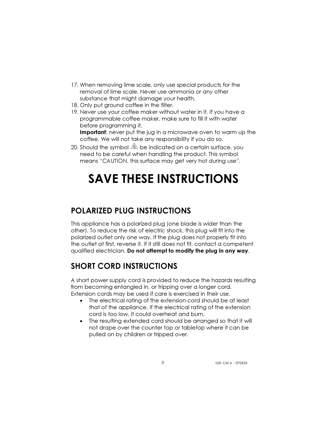 Kalorik USK CM 4 manual Polarized Plug Instructions, Short Cord Instructions 