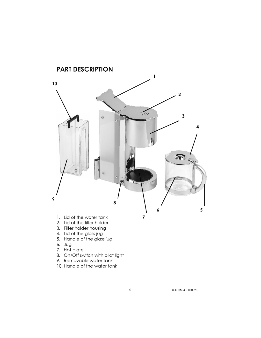 Kalorik USK CM 4 manual Part Description 