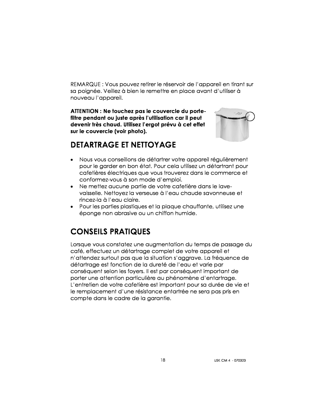 Kalorik USK CM 4 manual Detartrage Et Nettoyage, Conseils Pratiques 