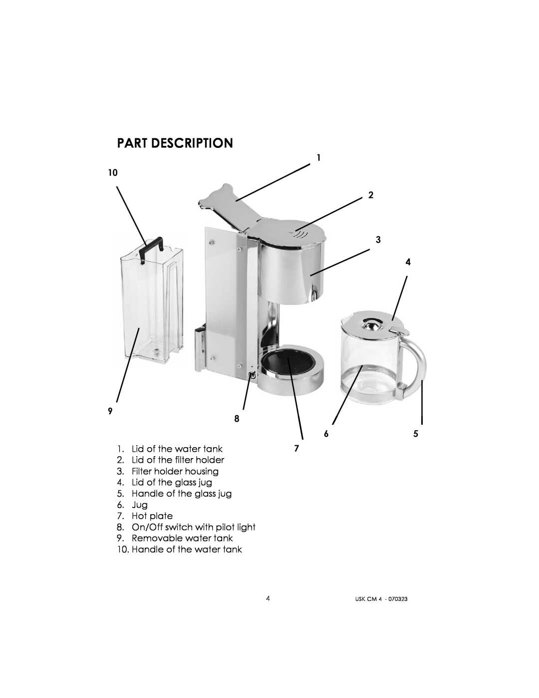 Kalorik USK CM 4 manual Part Description, Lid of the water tank, Lid of the filter holder 3. Filter holder housing, Usk Cm 