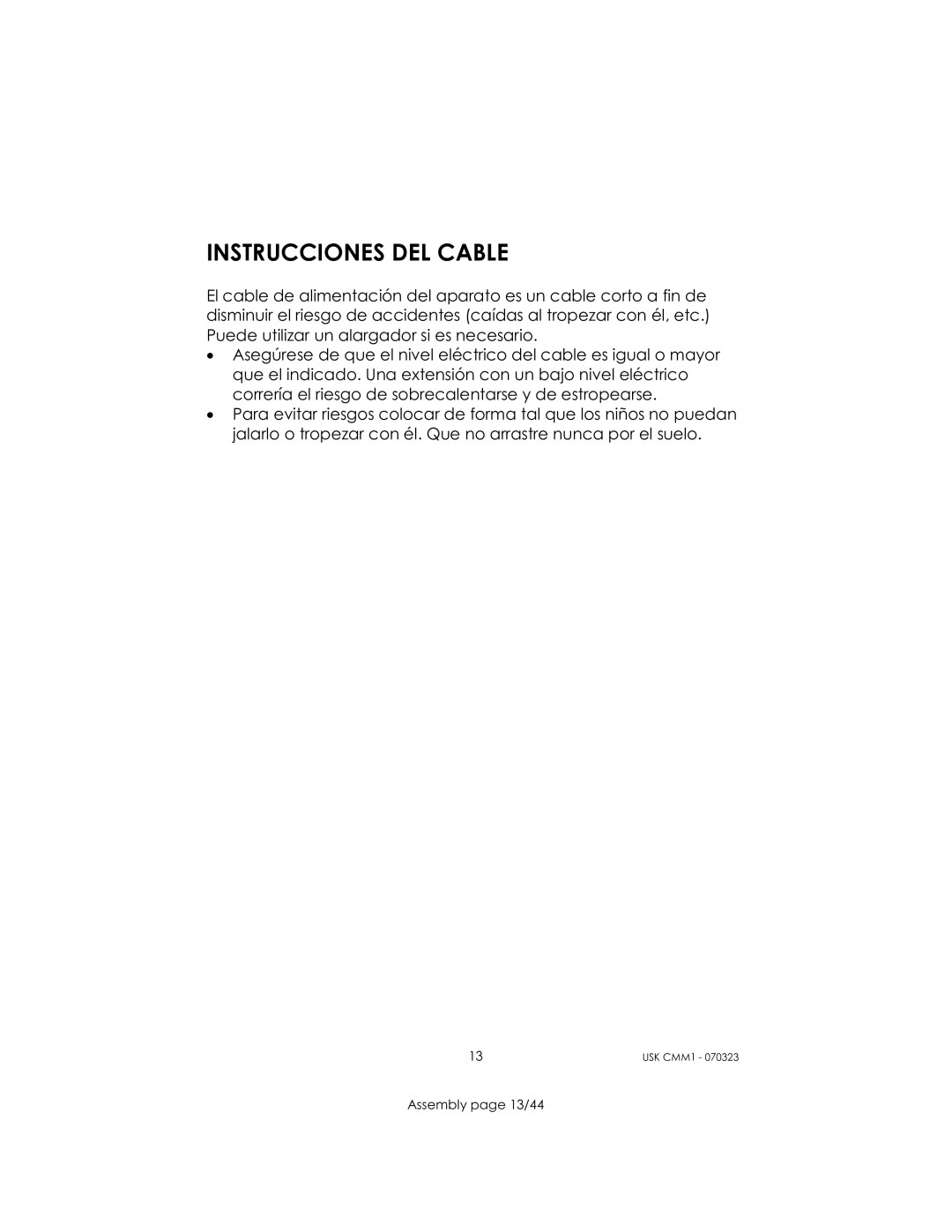 Kalorik USK CMM 1 manual Instrucciones DEL Cable 