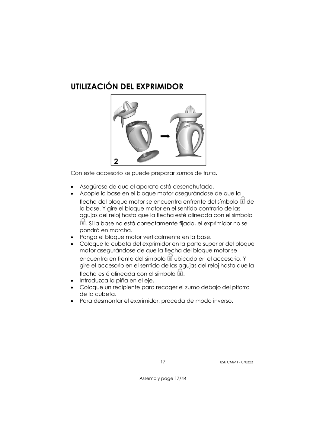 Kalorik USK CMM 1 manual Utilización DEL Exprimidor 