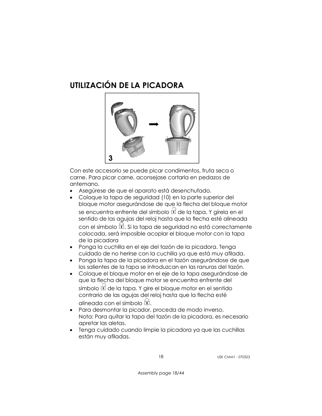 Kalorik USK CMM 1 manual Utilización DE LA Picadora 