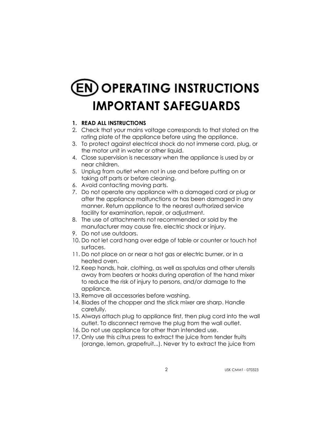 Kalorik USK CMM 1 manual Important Safeguards, Read ALL Instructions 