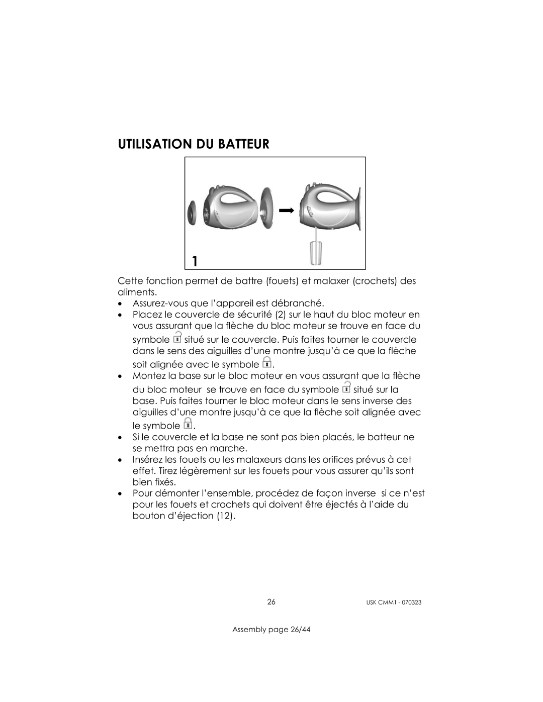 Kalorik USK CMM 1 manual Utilisation DU Batteur 