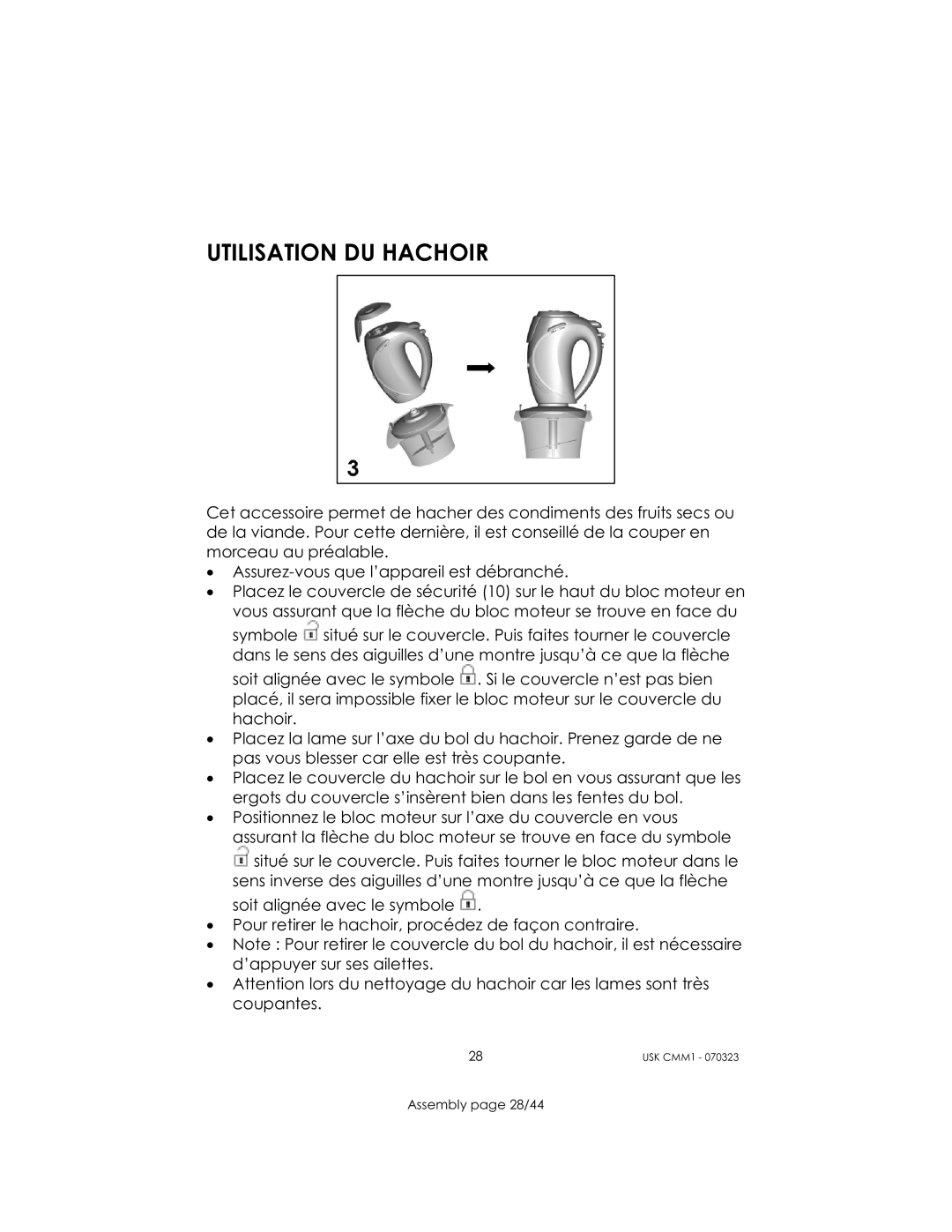 Kalorik USK CMM 1 manual Utilisation DU Hachoir 