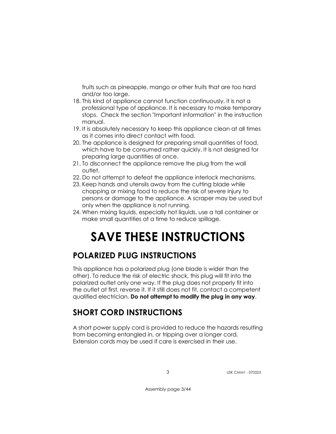 Kalorik USK CMM 1 manual Polarized Plug Instructions, Short Cord Instructions 