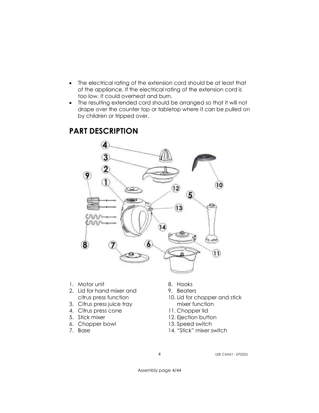 Kalorik USK CMM 1 manual Part Description 