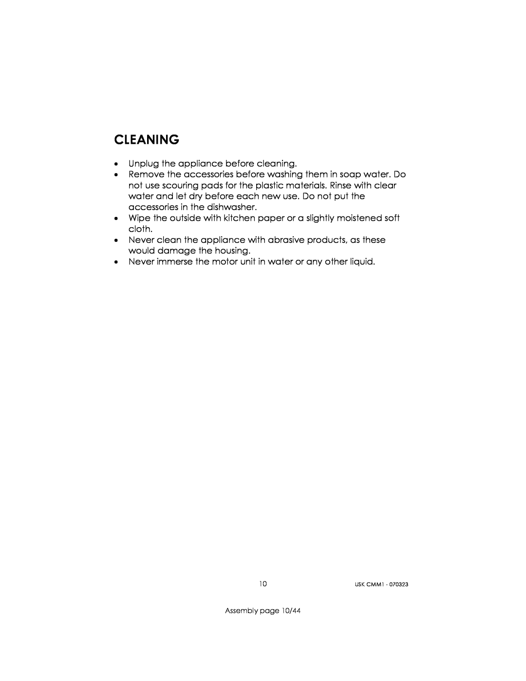 Kalorik USK CMM 1 manual Cleaning 