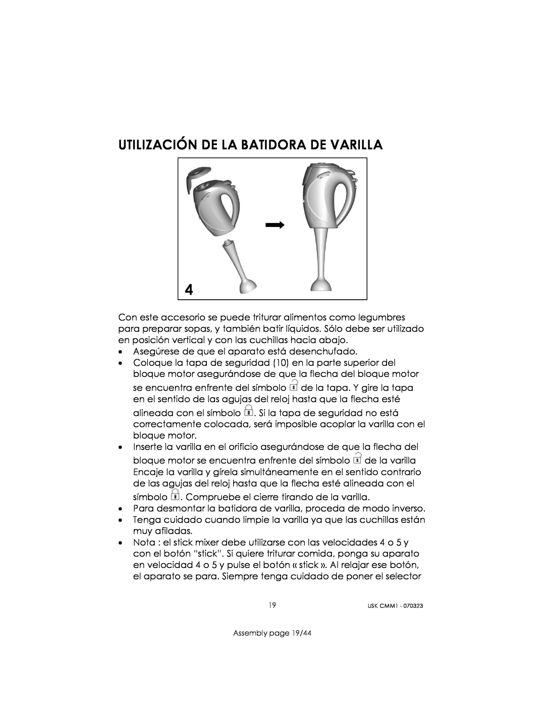 Kalorik USK CMM 1 manual Utilización De La Batidora De Varilla, Assembly page 19/44 