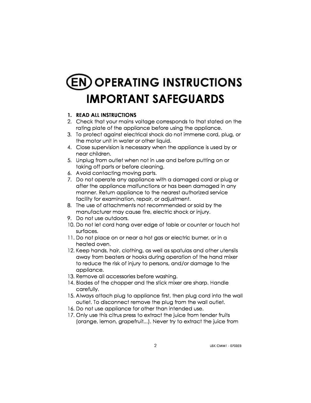 Kalorik USK CMM 1 manual Important Safeguards 