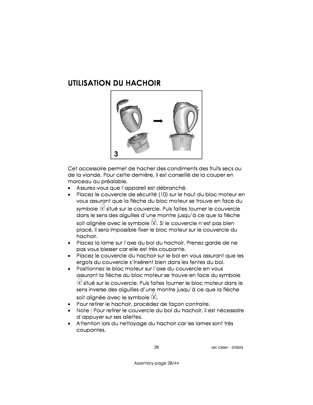 Kalorik USK CMM 1 manual Utilisation Du Hachoir, Assembly page 28/44 