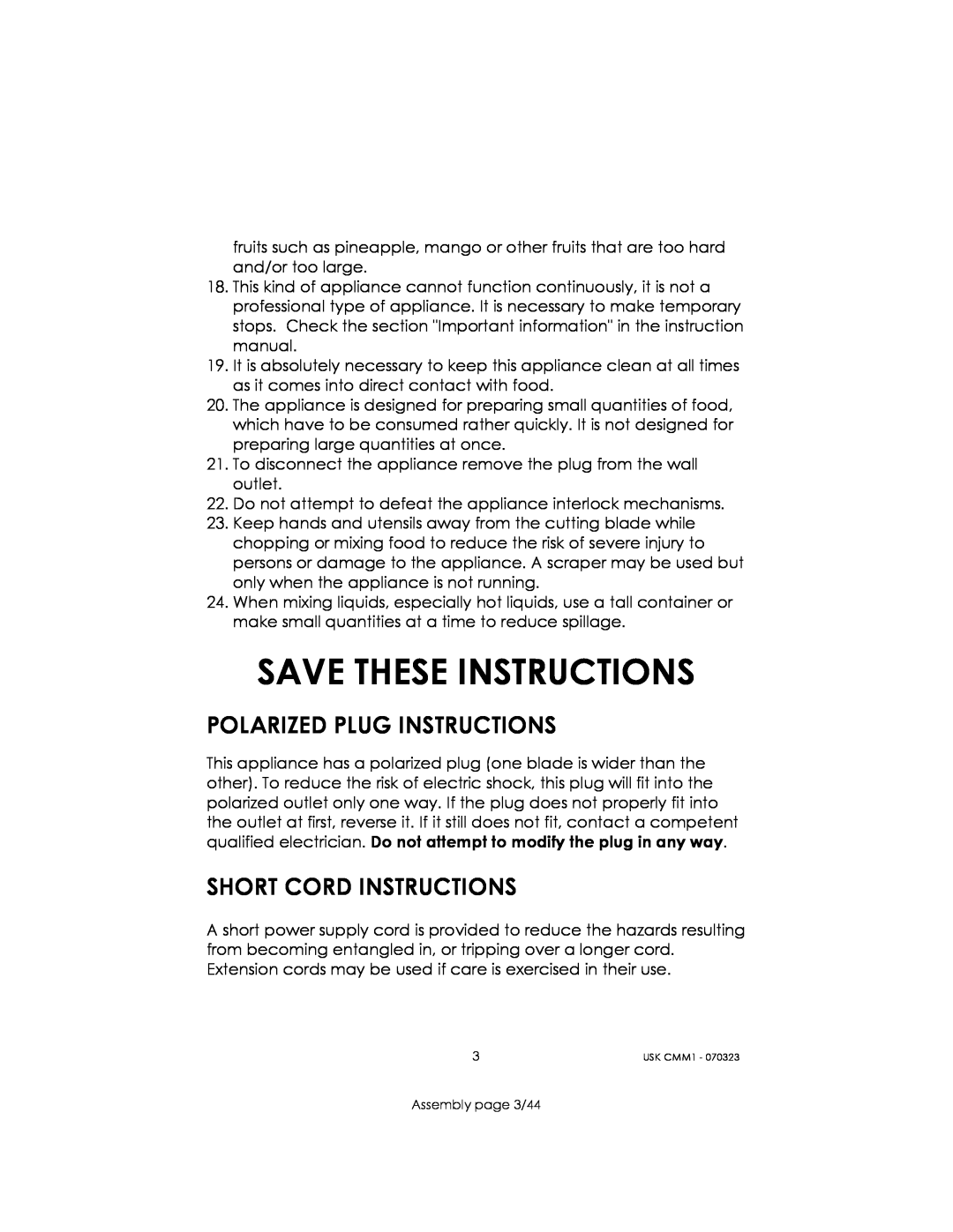 Kalorik USK CMM 1 manual Save These Instructions, Polarized Plug Instructions, Short Cord Instructions 