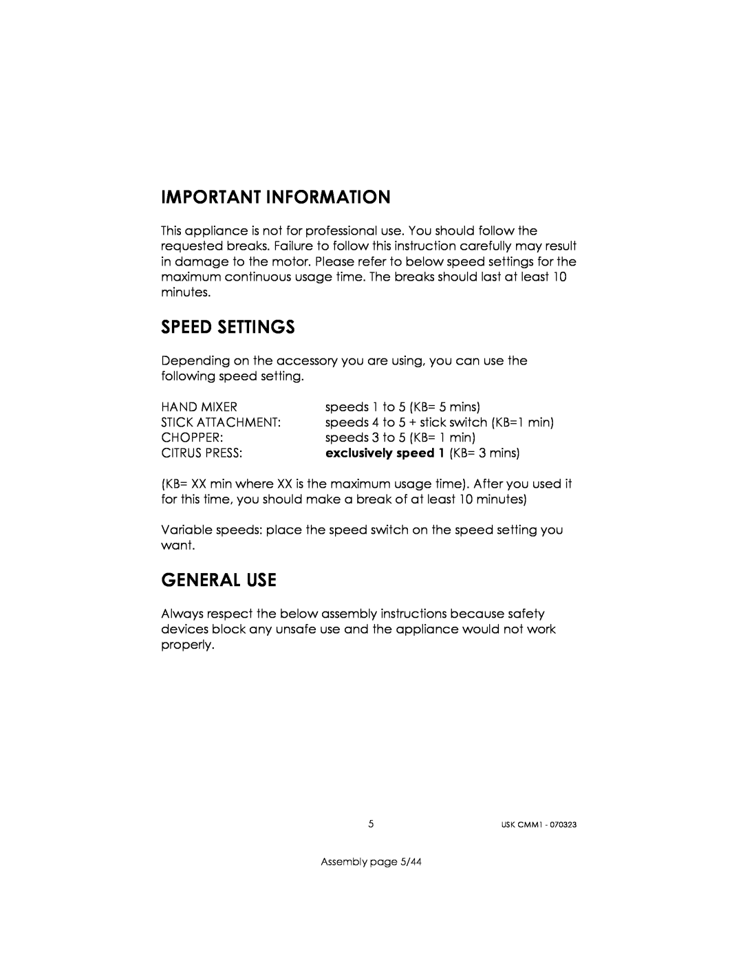 Kalorik USK CMM 1 manual Important Information, Speed Settings, General Use 