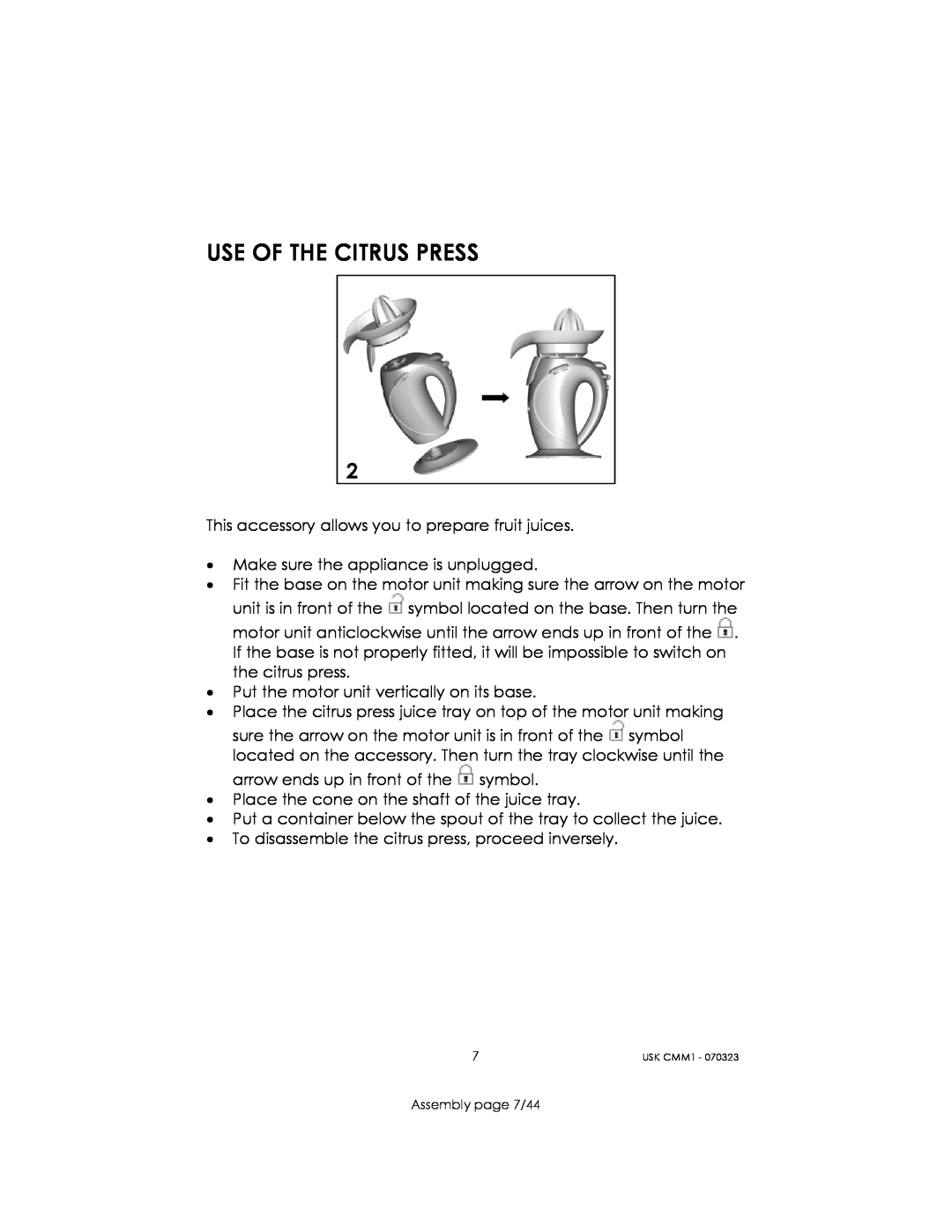 Kalorik USK CMM 1 manual Use Of The Citrus Press, Assembly page 7/44 