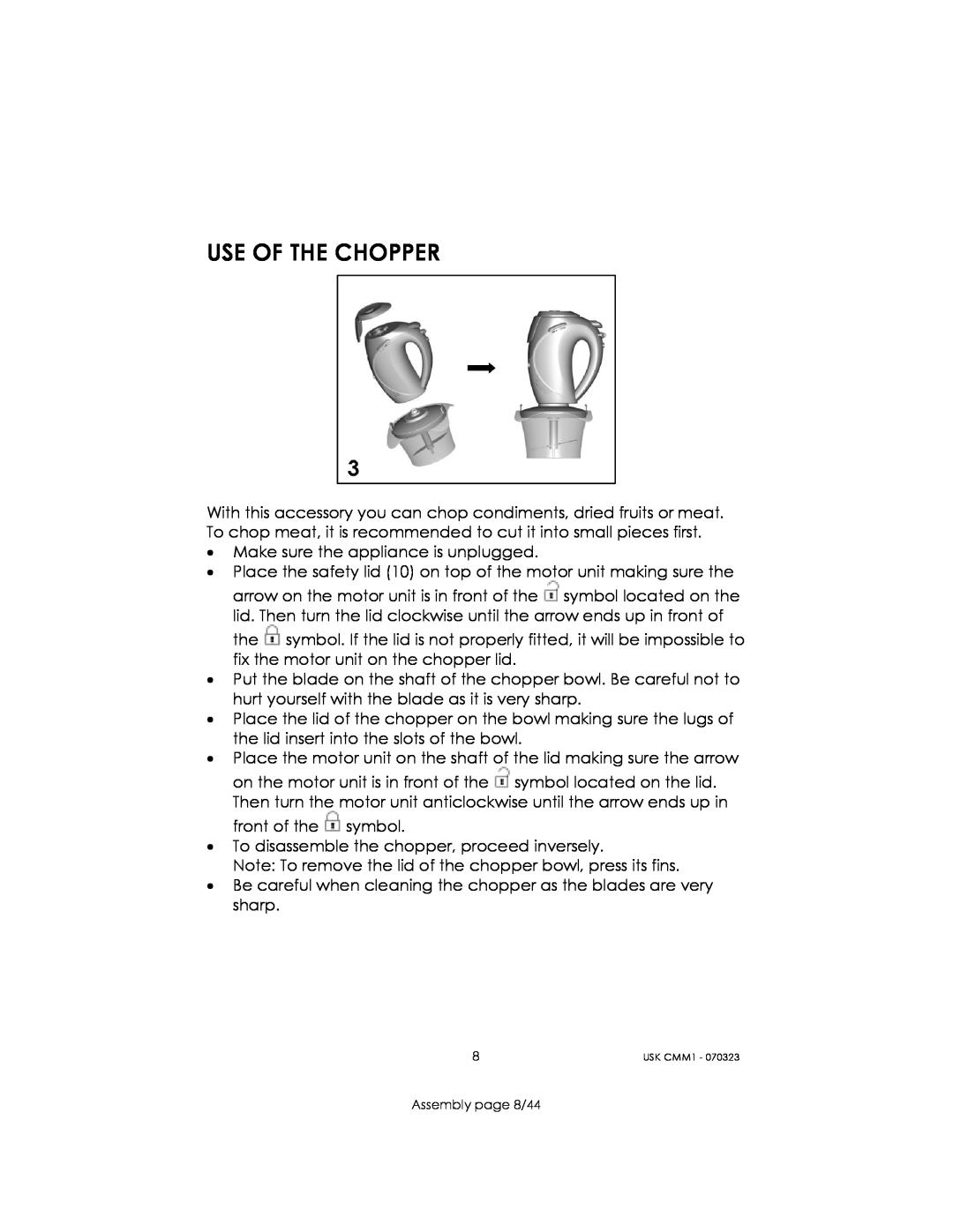 Kalorik USK CMM 1 manual Use Of The Chopper, Assembly page 8/44 