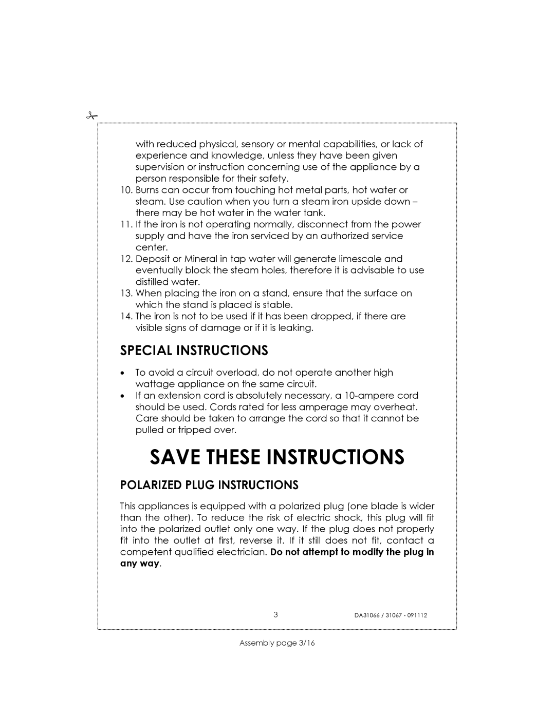 Kalorik USK DA 31067, USK DA 31066 manual Special Instructions, Polarized Plug Instructions 