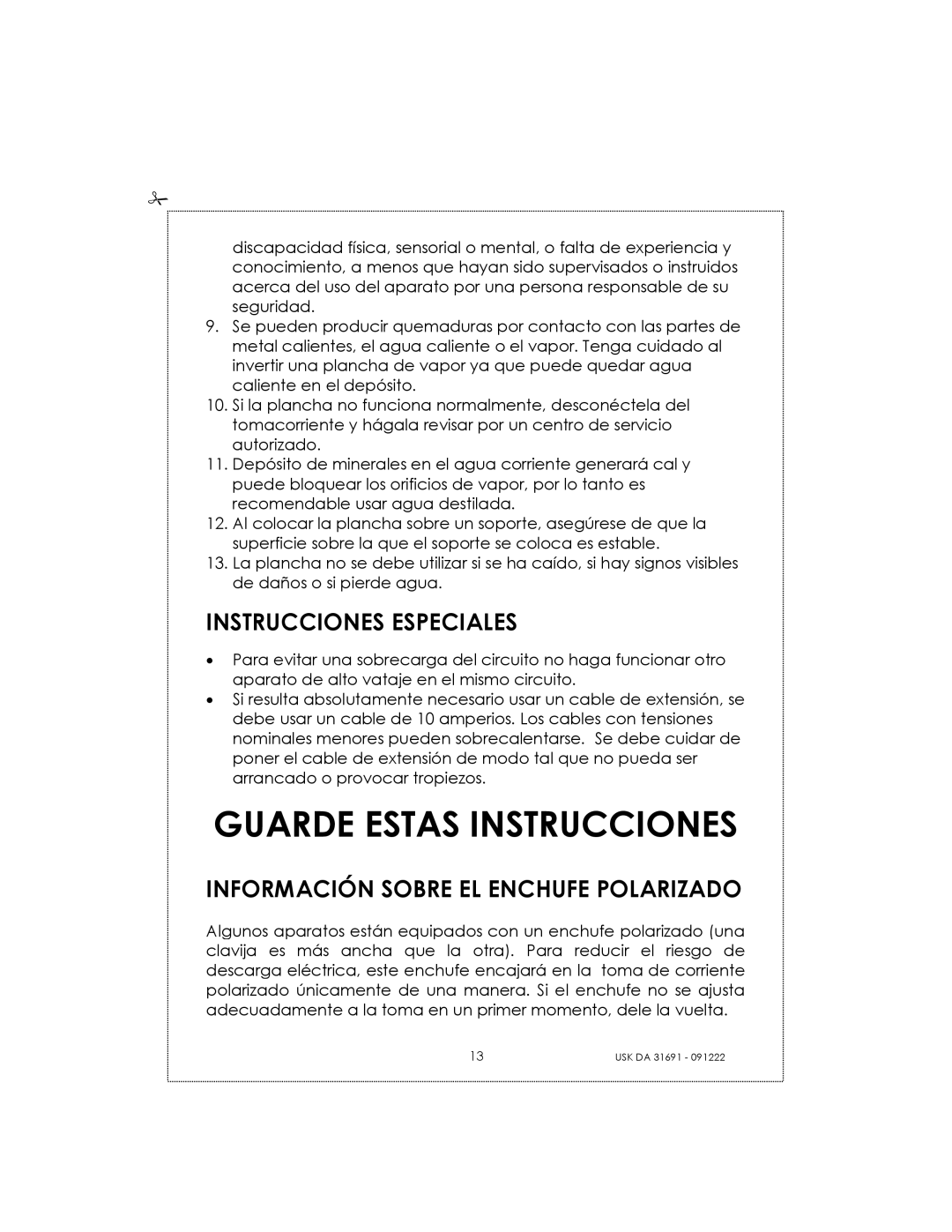 Kalorik USK DA 31691 manual Instrucciones Especiales, Información Sobre EL Enchufe Polarizado 