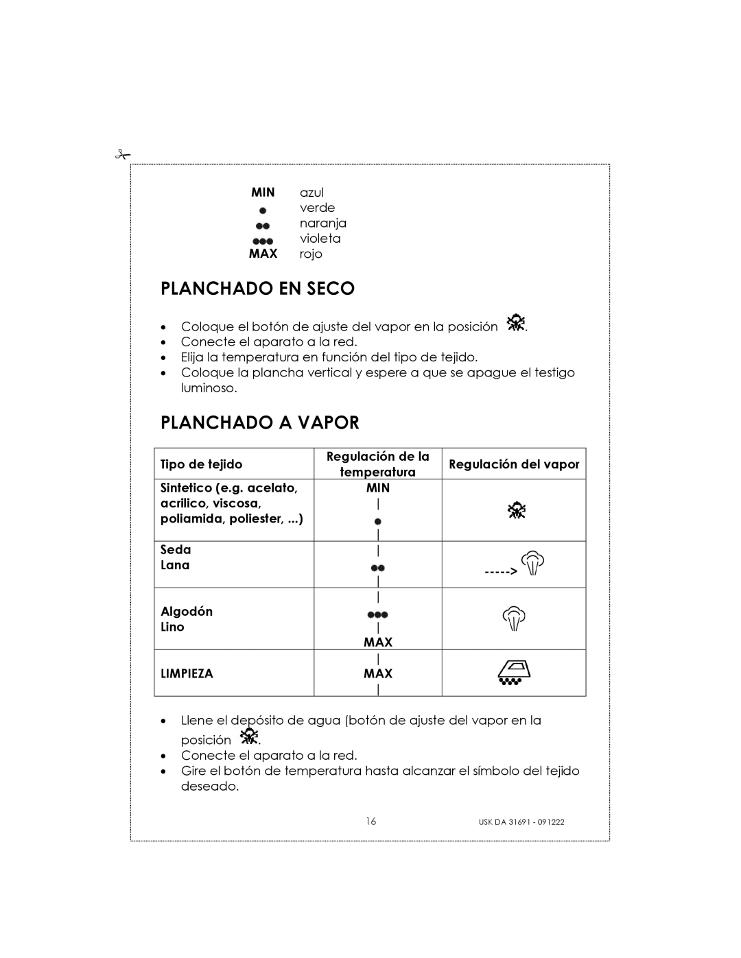 Kalorik USK DA 31691 manual Planchado EN Seco, Planchado a Vapor 