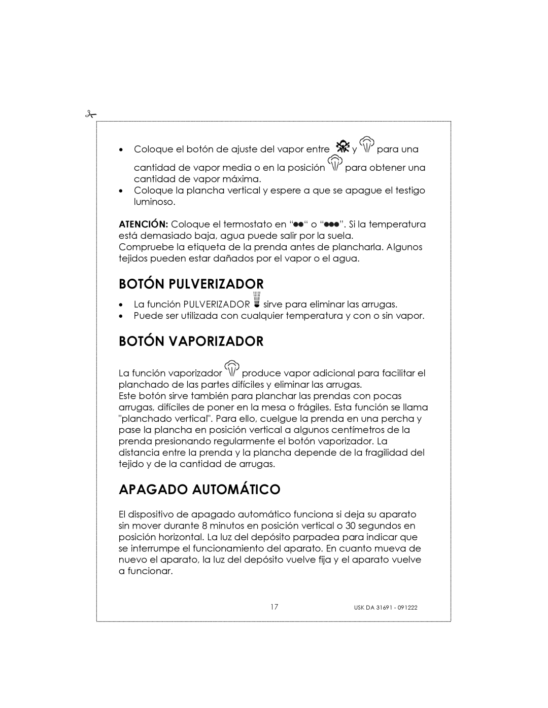 Kalorik USK DA 31691 manual Botón Pulverizador, Botón Vaporizador, Apagado Automático 