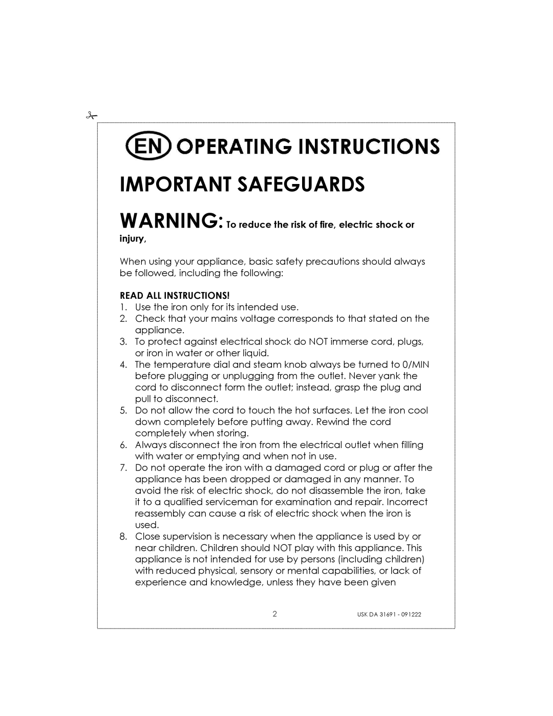 Kalorik USK DA 31691 manual Important Safeguards 