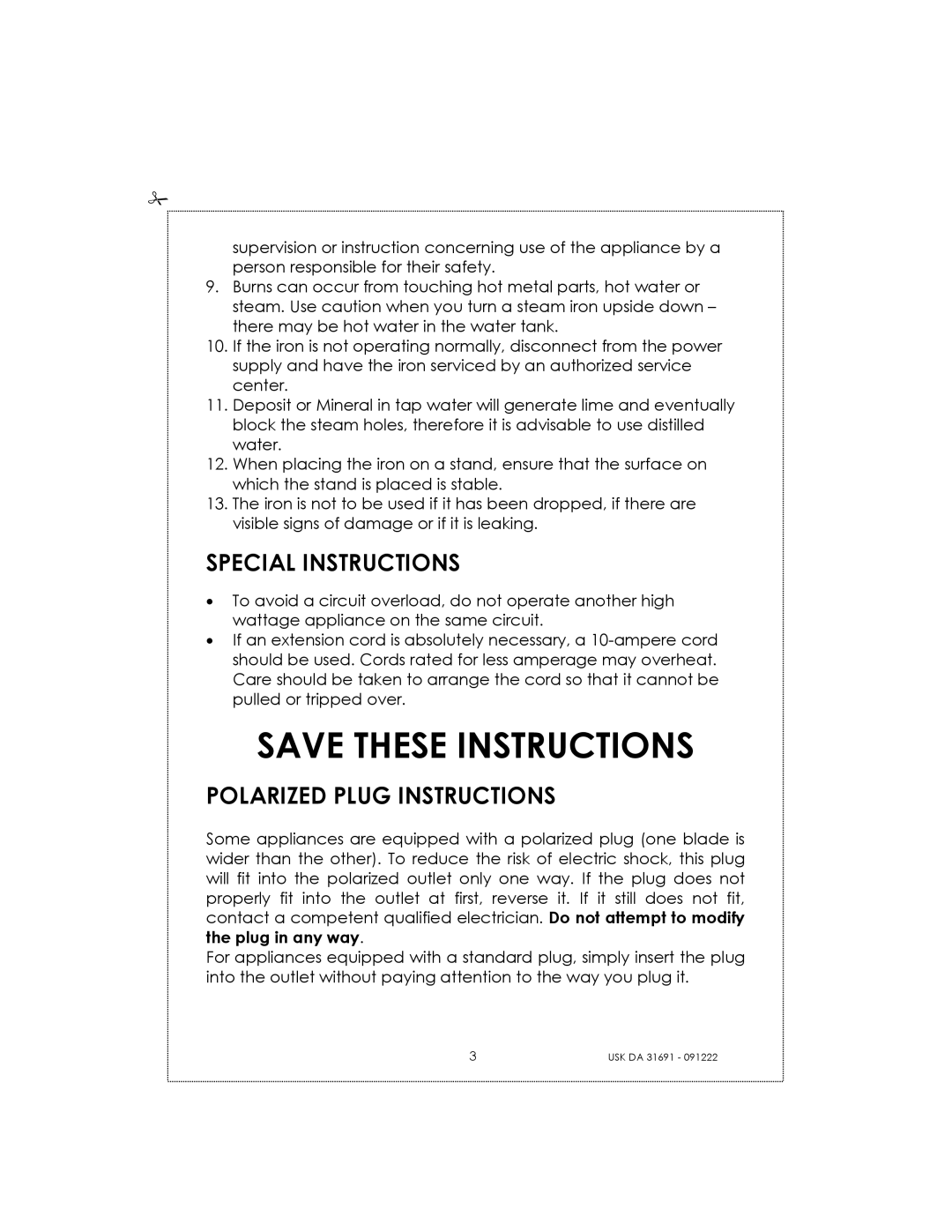 Kalorik USK DA 31691 manual Special Instructions, Polarized Plug Instructions 