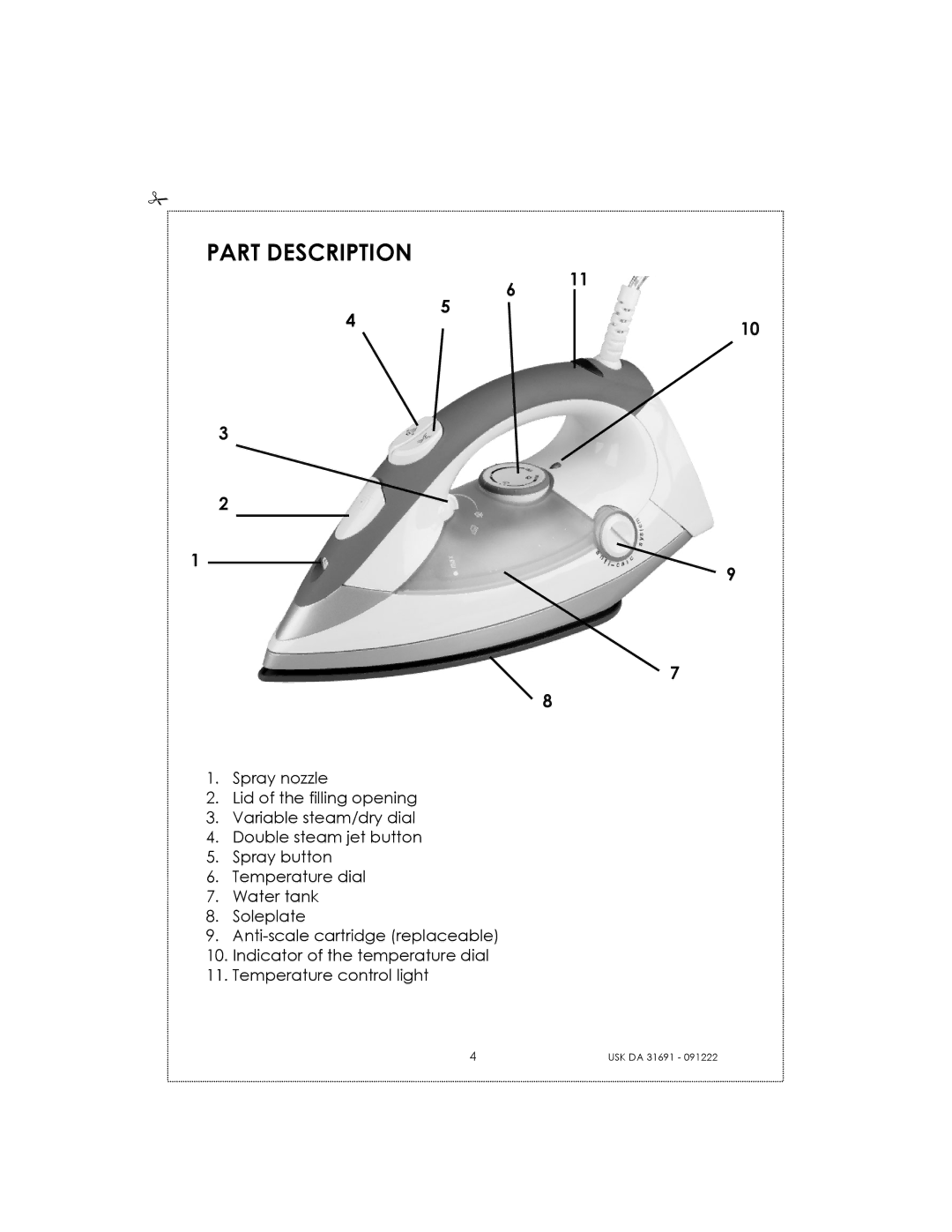 Kalorik USK DA 31691 manual Part Description 