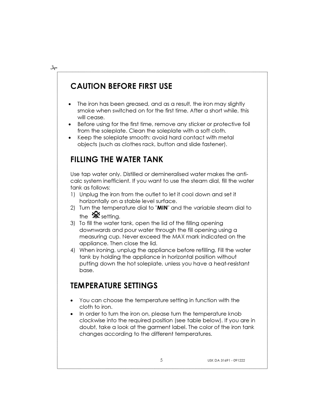 Kalorik USK DA 31691 manual Filling the Water Tank, Temperature Settings 