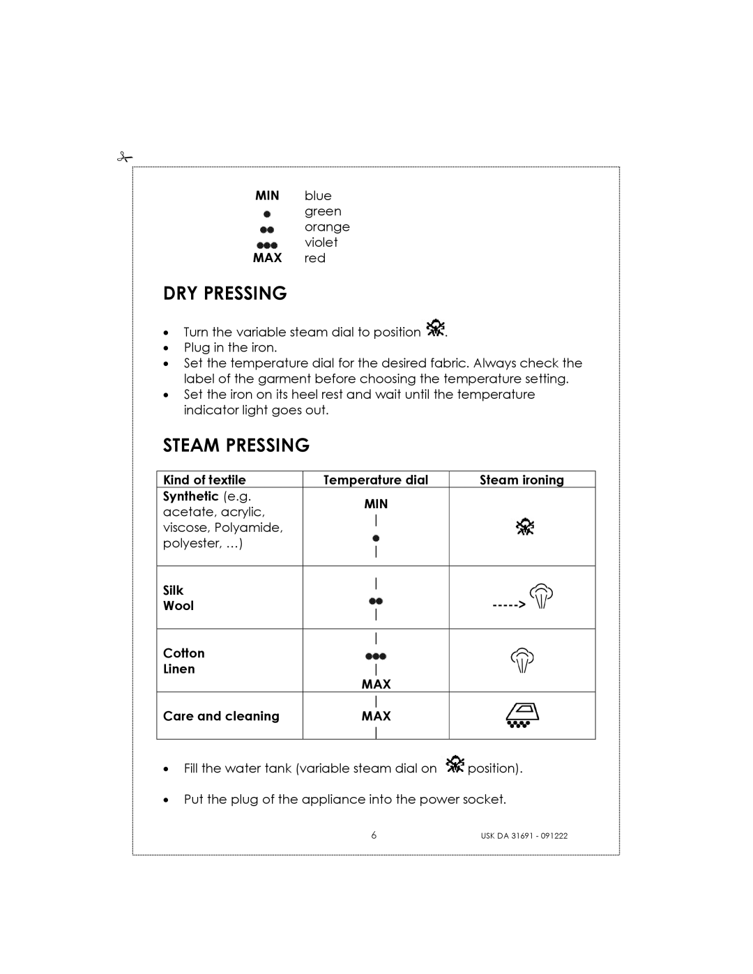 Kalorik USK DA 31691 manual DRY Pressing, Steam Pressing 