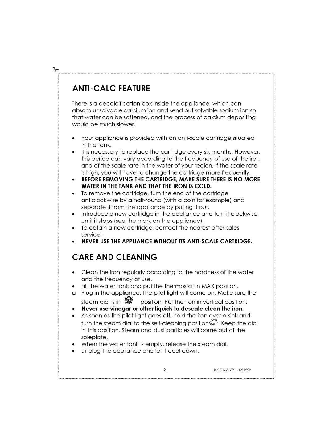 Kalorik USK DA 31691 manual ANTI-CALC Feature, Care and Cleaning 