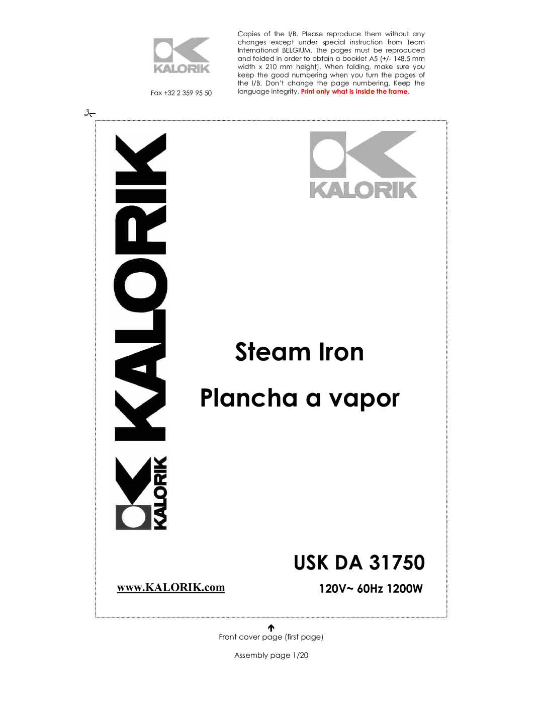 Kalorik USK DA 31750 manual Steam Iron Plancha a vapor, Front cover page first Assembly page 1/20 