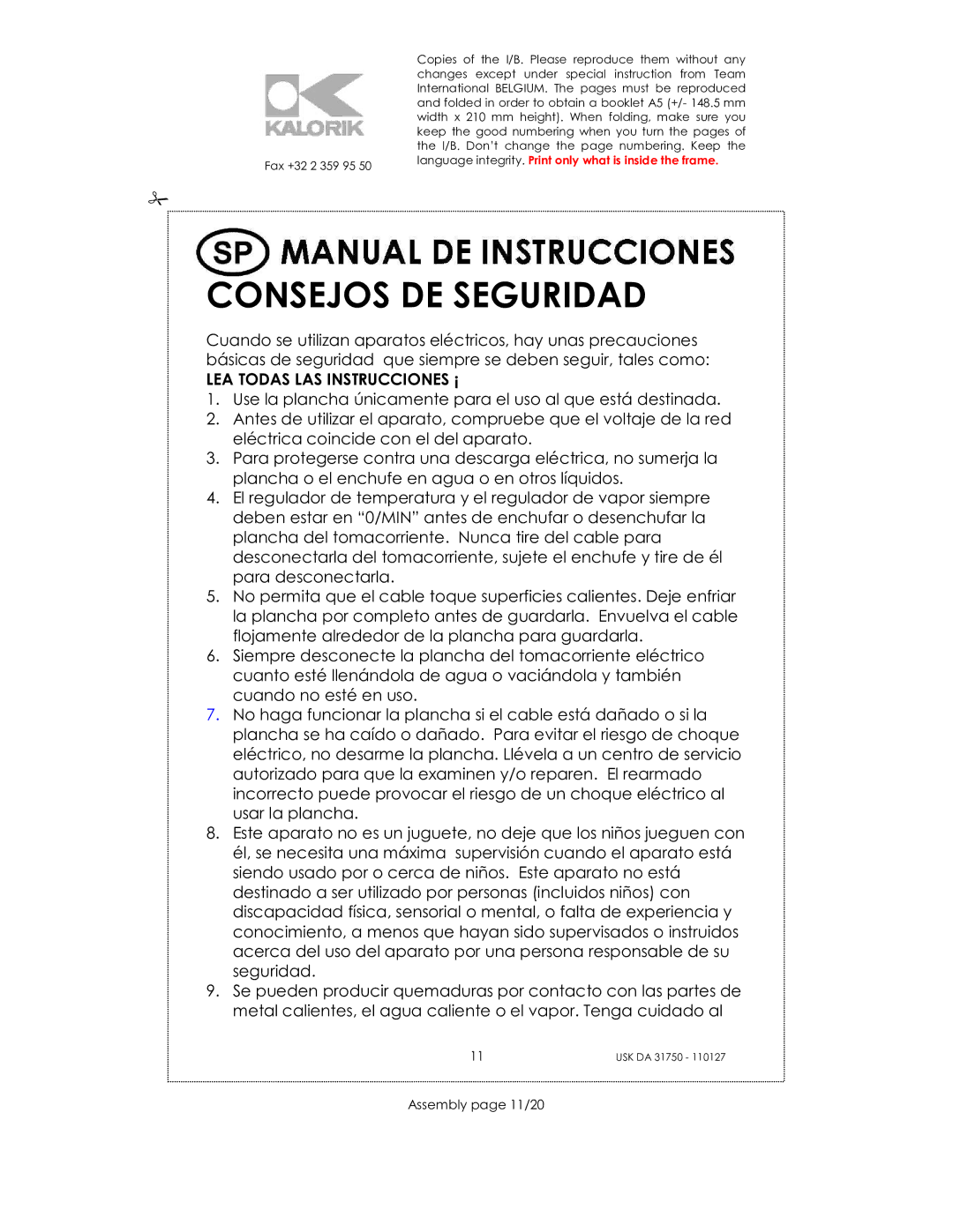 Kalorik USK DA 31750 manual Consejos DE Seguridad, LEA Todas LAS Instrucciones ¡, Assembly page 11/20 