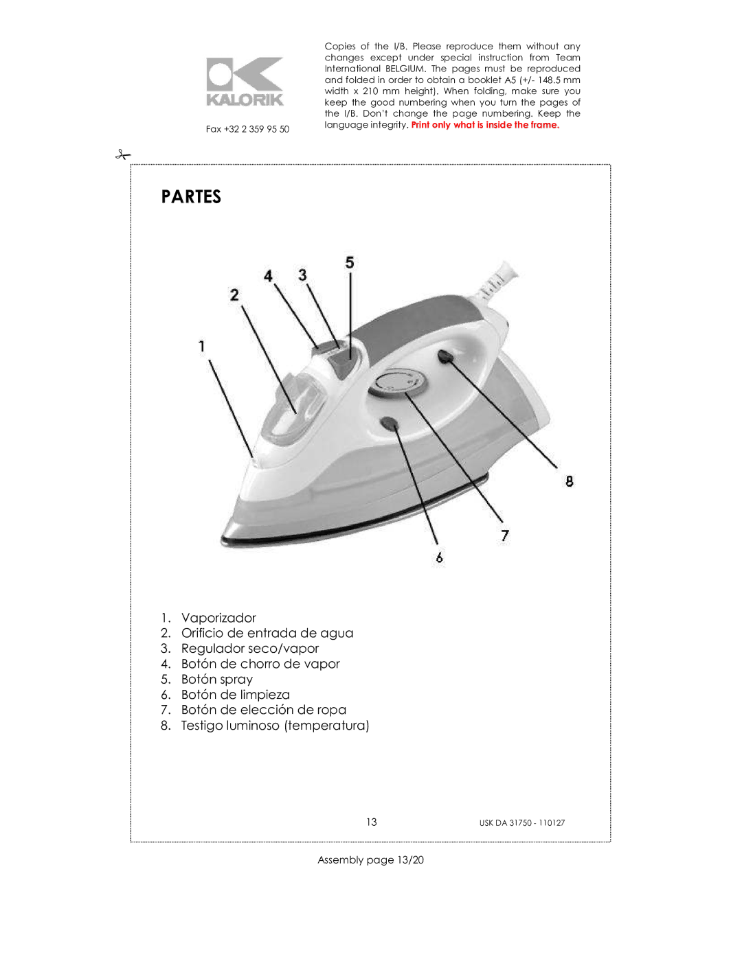 Kalorik USK DA 31750 manual Partes, Assembly page 13/20 