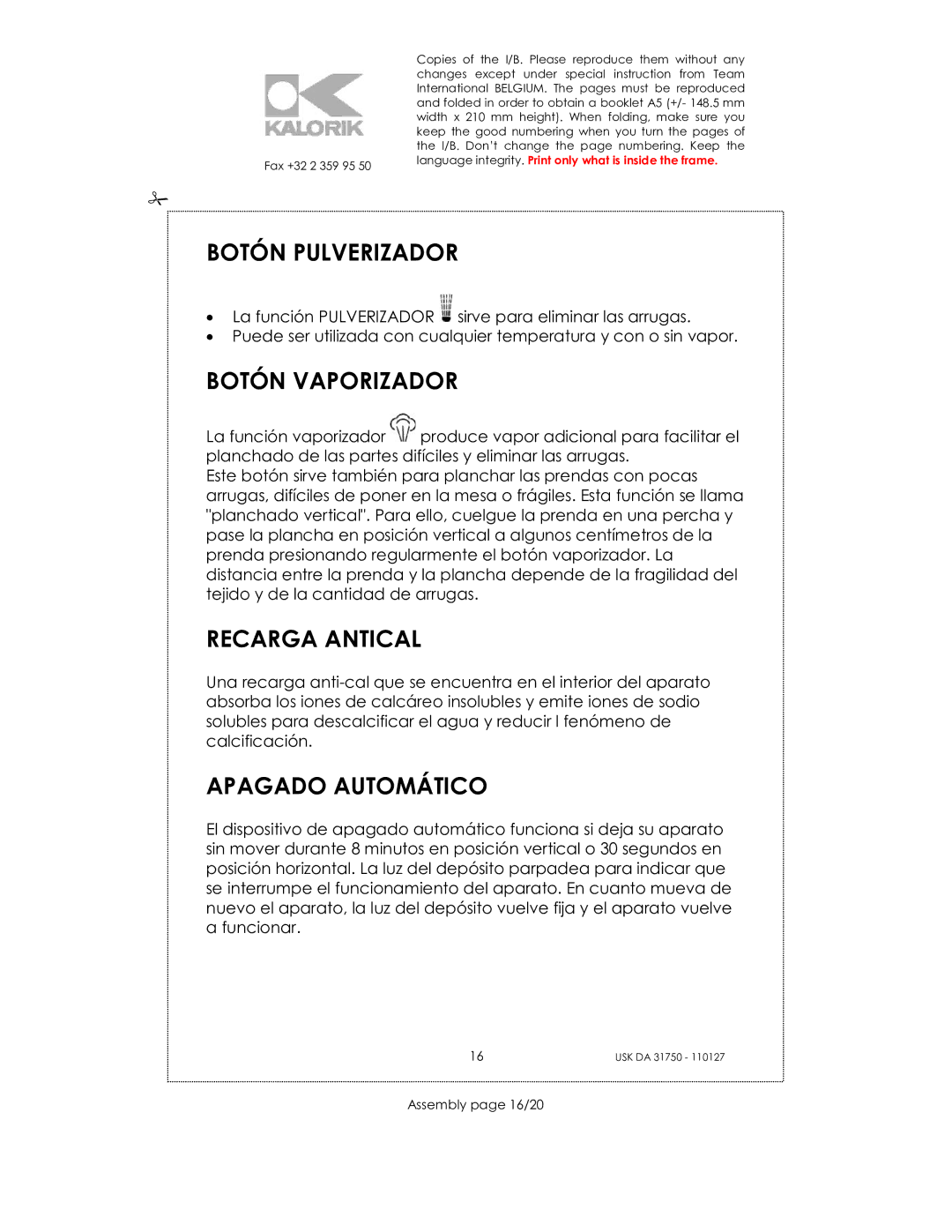 Kalorik USK DA 31750 manual Botón Pulverizador, Botón Vaporizador, Recarga Antical, Apagado Automático, Assembly page 16/20 