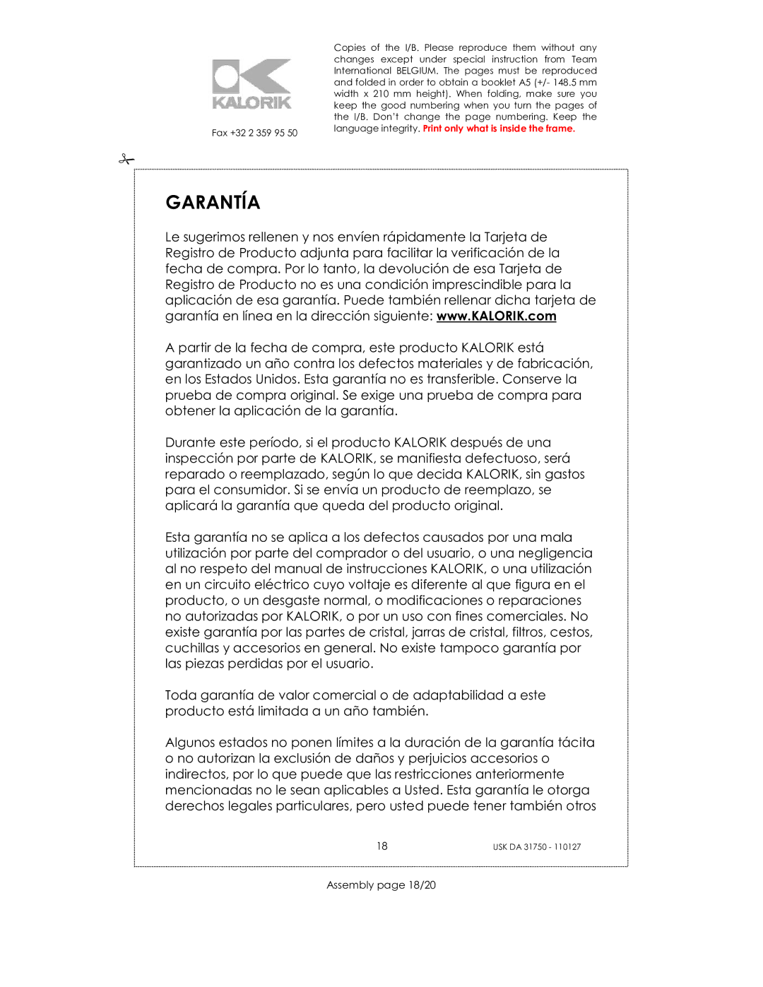 Kalorik USK DA 31750 manual Garantía, Assembly page 18/20 