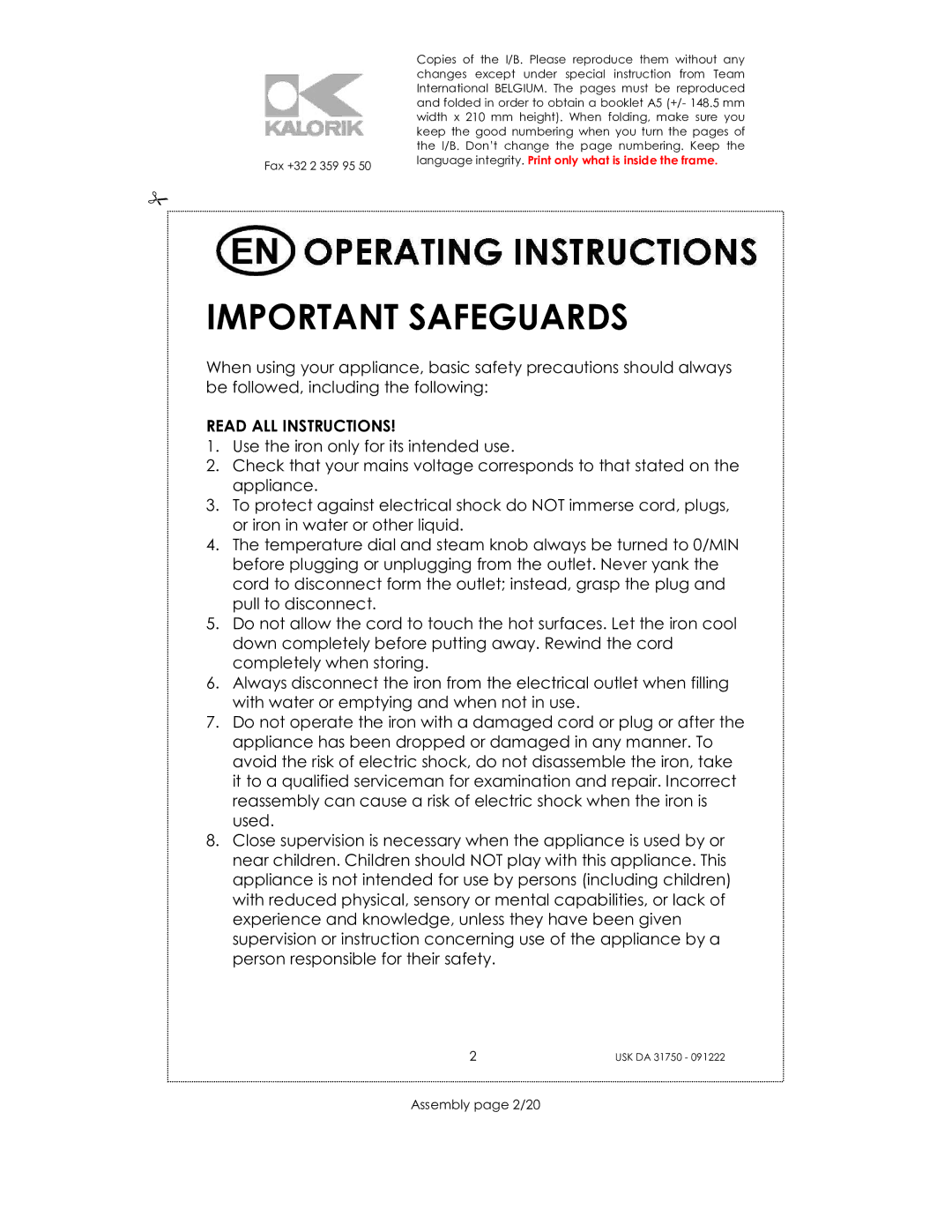 Kalorik USK DA 31750 manual Important Safeguards, Read ALL Instructions, Assembly page 2/20 